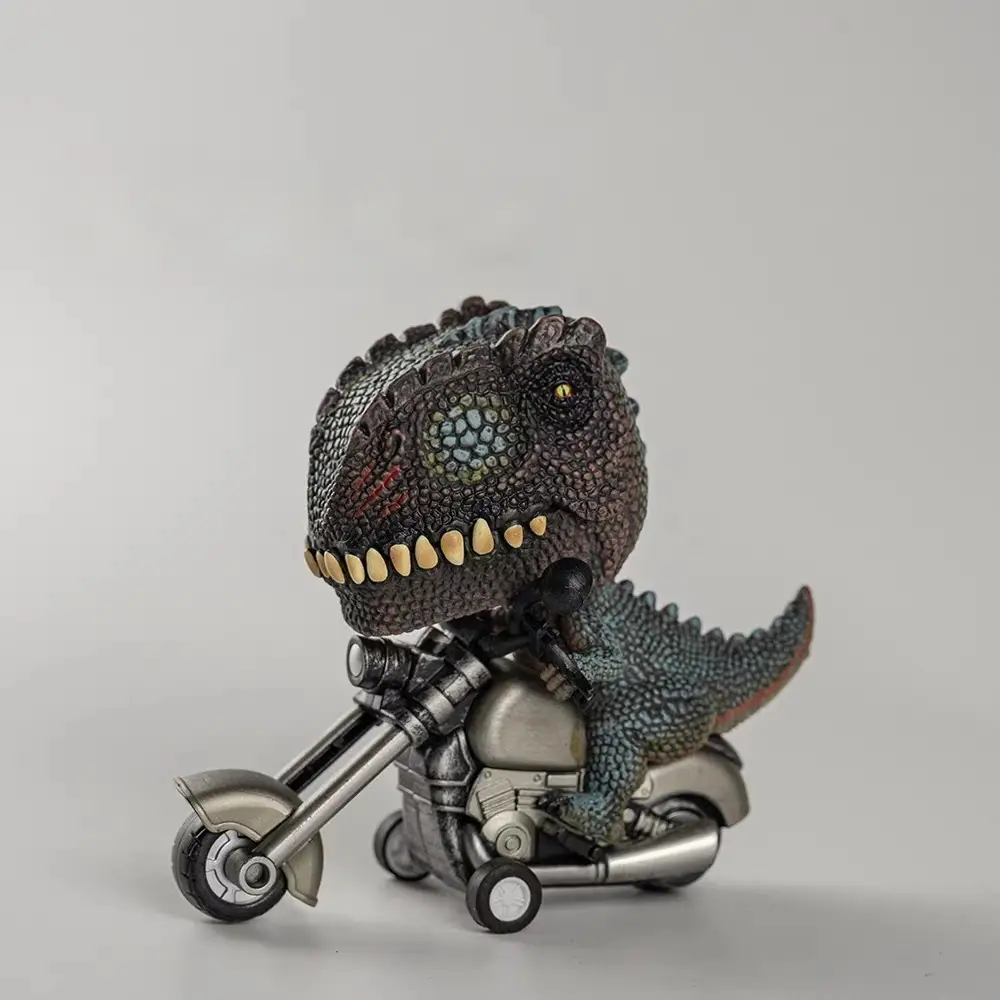 A toy of a dinosaur riding a motorcycle